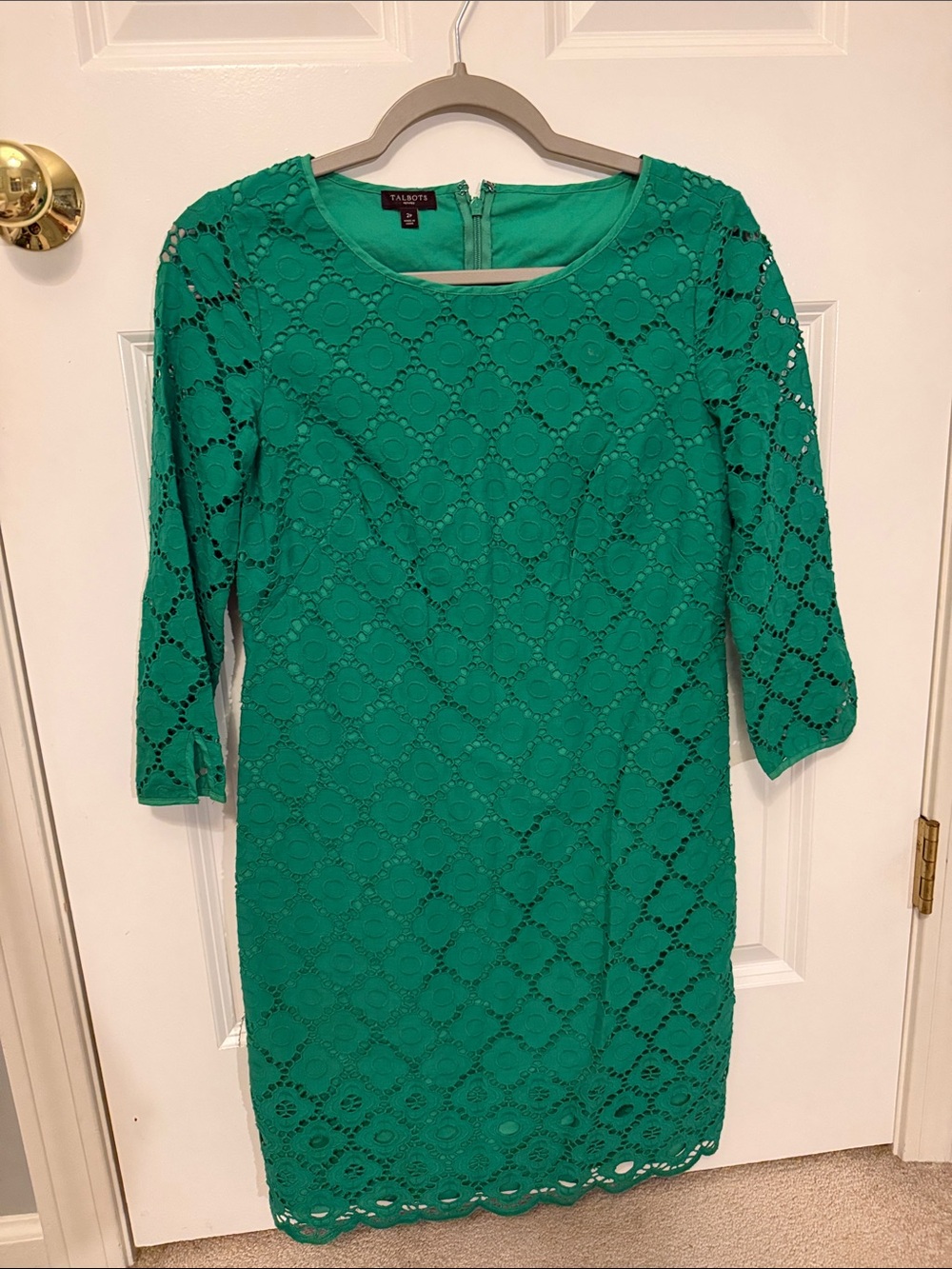 Talbots Bright Green Lace Shift Dress with Three-Quarter Sleeves 2P.